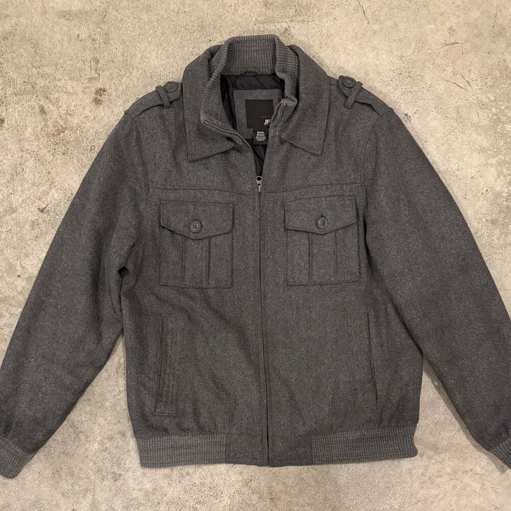 JF J. FERRAR Coat Men's Large Gray Wool Blend Full Zip Bomber Jacket